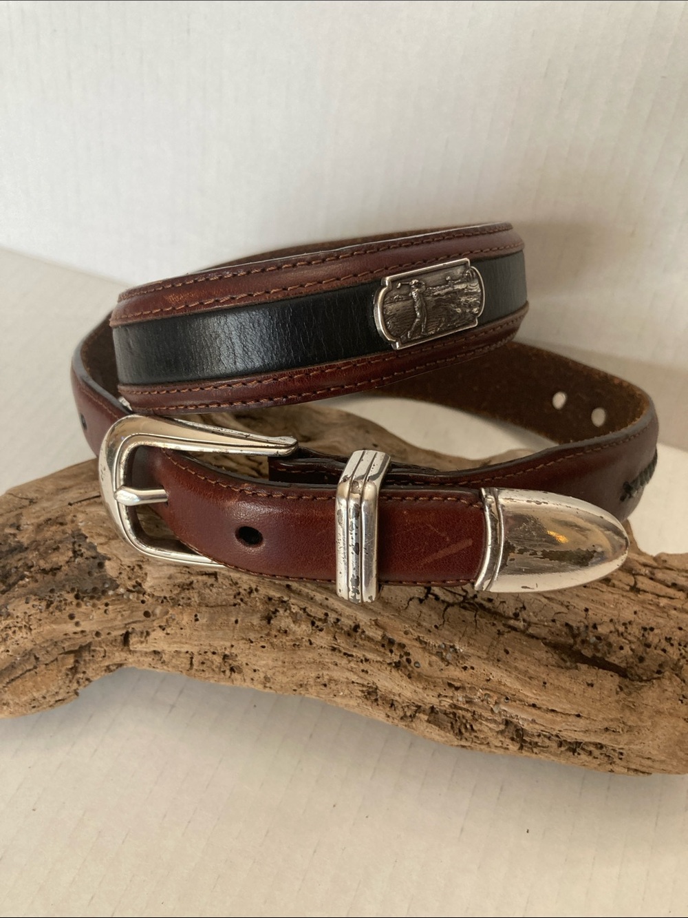 BRIGHTON Men’s Leather belt Golf Theme Brown/Black Combo 
Size 32